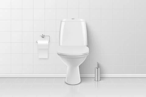 Vector 3d Realistic White Ceramic Toilet, Brush and Toilet Paper in the Bathroom Illustrazione stock