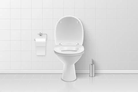 Vector 3d Realistic White Ceramic Toilet, Brush and Toilet Paper in the Bathroom Stock Illustration