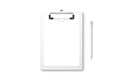 Vector 3d Realistic White Clipboard with Blank Paper, Metal Clip, Wood Pencil 스톡 일러스트