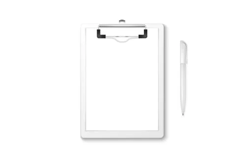 Vector 3d Realistic White Clipboard with Blank Paper, Metal Clip, Automatic Pen イラスト素材