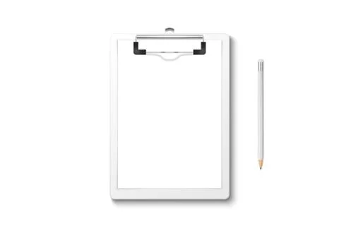 Vector 3d Realistic White Clipboard with Blank Paper, Metal Clip, Wood Pencil 스톡 일러스트