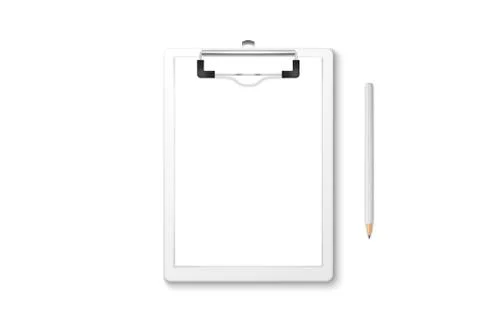 Vector 3d Realistic White Clipboard with Blank Paper, Metal Clip, Wood Pencil 스톡 일러스트
