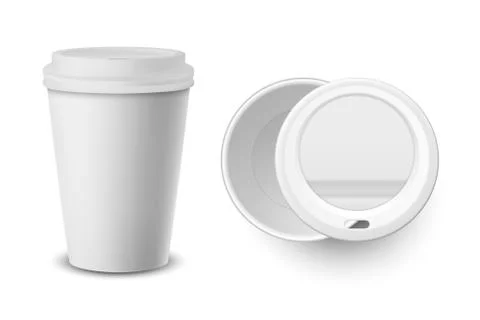 Vector 3d Realistic White Disposable Closed and Opened Paper, Plastic Coffee Cup 스톡 일러스트