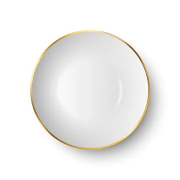 Vector 3d Realistic White Empty Porcelain, Ceramic Plate with Golden Border Icon Stock Illustration