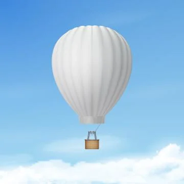 Vector 3d Realistic White Hot Air Balloon on Blue Sky Background. Design Stock Illustration