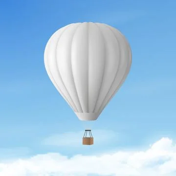Vector 3d Realistic White Hot Air Balloon on Blue Sky Background. Design 库存插图