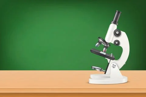 Vector 3d Realistic White Laboratory Microscope on the Wooden Table Against the Illustrazione stock
