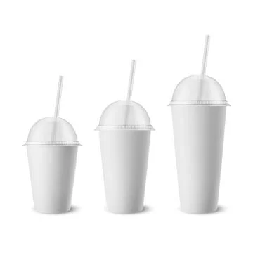 Vector 3d Realistic White Paper Disposable Cup Set with Lid, Straw for Beverage Stock Illustration