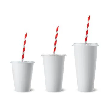 Vector 3d Realistic White Paper Disposable Cup Set with Lid, Straw for Beverage Stock Illustration