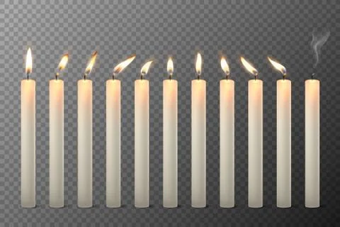 Vector 3d Realistic White Paraffin or Wax Burning Candles with Different Flame Stock-Illustration