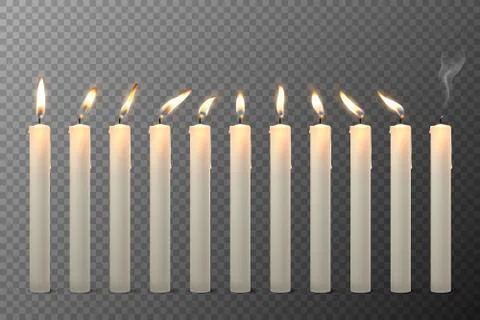 Vector 3d Realistic White Paraffin or Wax Burning Candles with Different Flame Stock Illustration