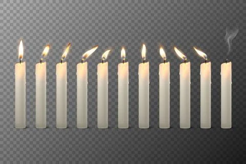 Vector 3d Realistic White Paraffin or Wax Burning Candles with Different Flame イラスト素材