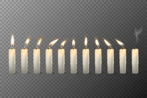 Vector 3d Realistic White Paraffin or Wax Burning Candles with Different Flame イラスト素材