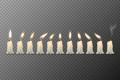 Vector 3d Realistic White Paraffin or Wax Burning Candles with Different Flame Stock Illustration