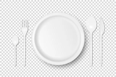 Vector 3d Realistic White Plastic, Paper Disposable Food Dish, Cutlery - Plate Stock Illustration