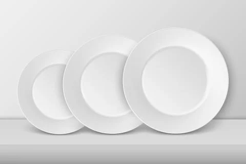 Vector 3d Realistic White Porcelain Food Dish Plate Set Different Size Closeup Stock Illustration