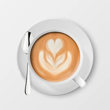 Vector 3d Realistic White Porcelain Ceramic Mug, Milk Coffee, Foam, Flower Stockillustratie