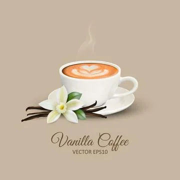 Vector 3d Realistic White Porcelain Ceramic Mug, Hot Milk Coffee, Foam, Flower Stockillustratie