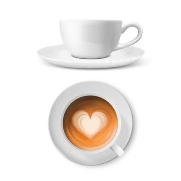 Vector 3d Realistic White Porcelain Ceramic Mug. Milk Coffee, Foam, Heart Stockillustratie