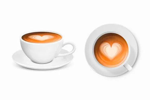 Vector 3d Realistic White Porcelain Ceramic Mug. Milk Coffee, Foam, Heart Illustrazione stock