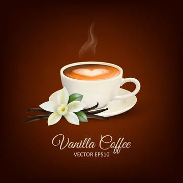 Vector 3d Realistic White Porcelain Ceramic Mug, Hot Milk Coffee, Foam, Heart イラスト素材