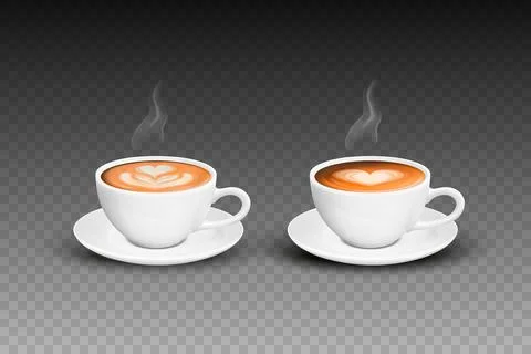 Vector 3d Realistic White Porcelain Ceramic Mug, Hot Milk Coffee, Foam, Flower Stockillustratie
