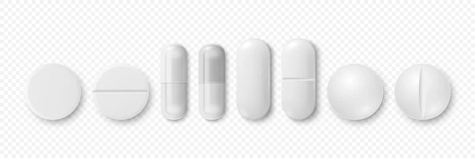 Vector 3d Realistic White Round, Oval Pharmaceutical Medical Pill, Capsule Stock Illustration