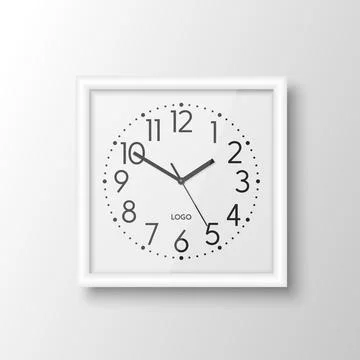 Vector 3d Realistic White Square Wall Office Clock, Design Template Isolated Stock Illustration