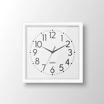 Vector 3d Realistic White Square Wall Office Clock, Design Template Isolated Stock Illustration