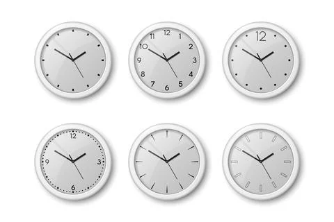 Vector 3d Realistic White Wall Office Clock Icon Set Isolated on White. White Stock Illustration