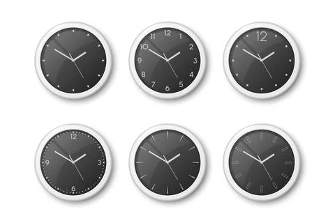 Vector 3d Realistic White Wall Office Clock Icon Set Isolated on White. Black Illustrazione stock