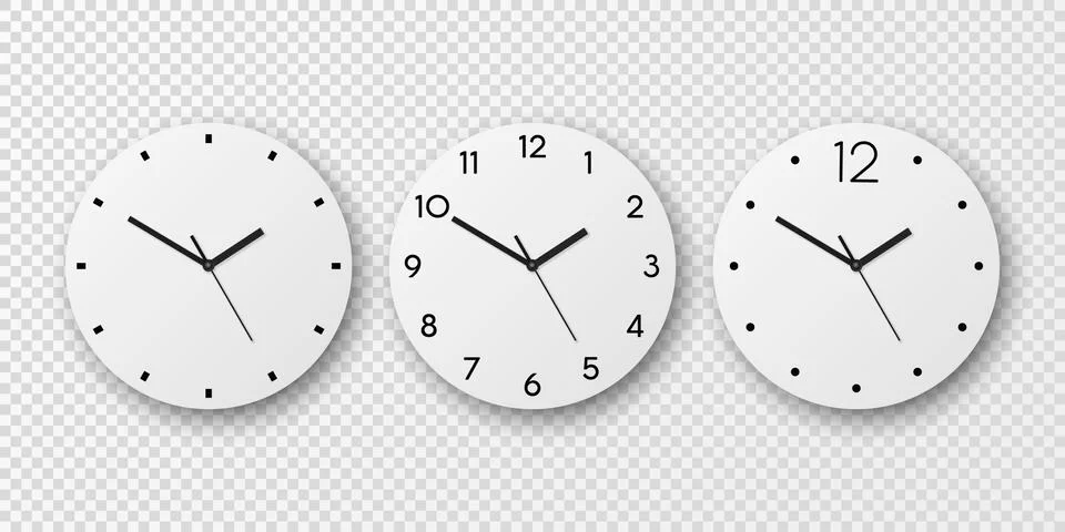 Vector 3d Realistic White Wall Office Clock Dial Icon Set Isolated. White Dial Stock Illustration