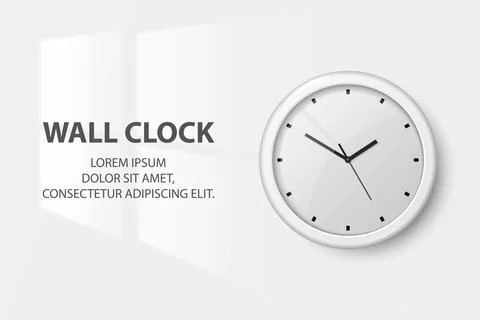 Vector 3d Realistic White Wall Office Clock on White Wall Background. Light from Stock Illustration