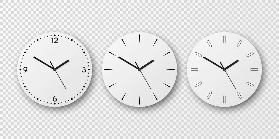 Vector 3d Realistic White Wall Office Clock Dial Icon Set Isolated. White Dial Stock Illustration