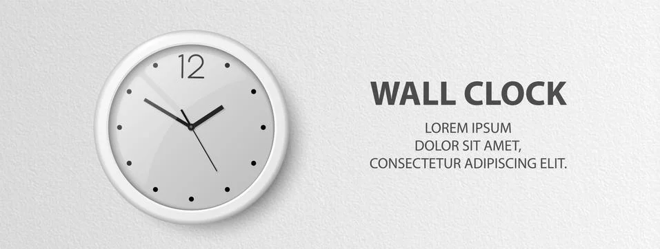 Vector 3d Realistic White Wall Office Clock on Textured White Wall Background Stock Illustration