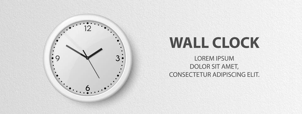 Vector 3d Realistic White Wall Office Clock on Textured White Wall Background 스톡 일러스트
