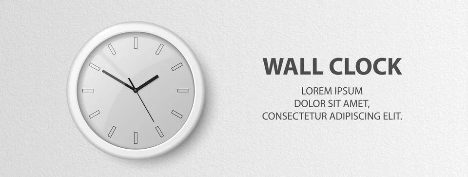 Vector 3d Realistic White Wall Office Clock on Textured White Wall Background Stock Illustration
