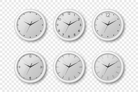 Vector 3d Realistic White Wall Office Clock Icon Set Isolated. White Dial Stock Illustration