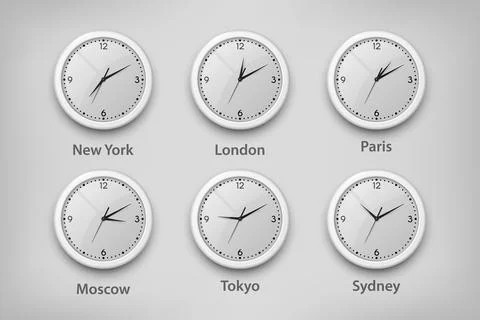 Vector 3d Realistic White Wall Office Clock Set. Time Zones of Different Cities 스톡 일러스트
