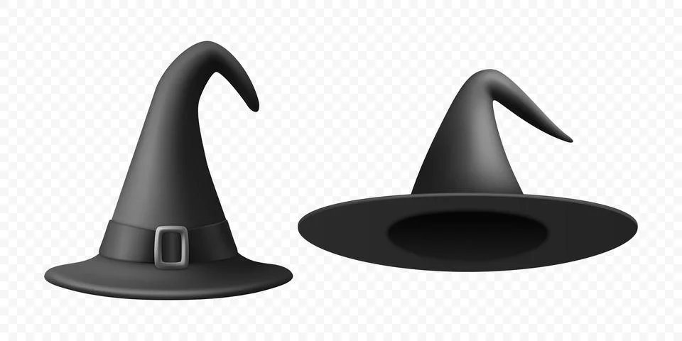 Vector 3d Realistic Witch Hats Illustration. Black Witch Hat for Halloween Set Stock Illustration