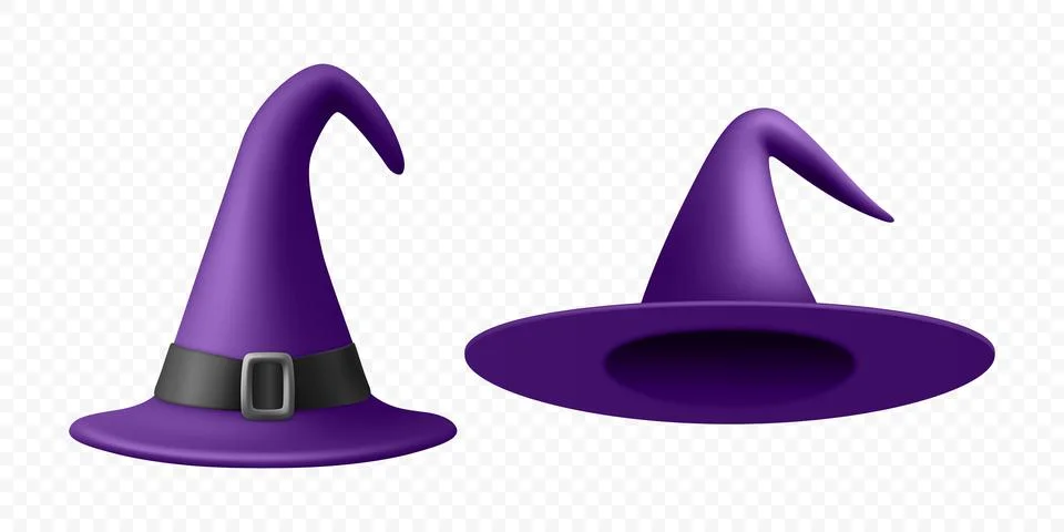 Vector 3d Realistic Witch Hats Illustration. Purple Witch Hat for Halloween Set Stock Illustration