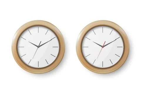 Vector 3d Realistic Wooden Light Brown Wall Office Clock Icon Set. Design Illustrazione stock