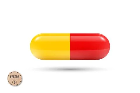 Vector 3d Realistic Yellow and Red Capsule Pill, Isolated. Medicine Capsule Icon Stock-Illustration