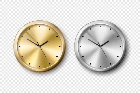Vector 3d Realistic Yellow Golden and Grey Silver, Steel Wall Office Clock Icon Stock Illustration