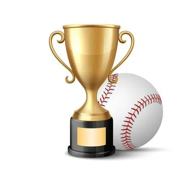 Vector 3D Realistic Yellow Golden Champion Cup and Baseball Set. Metal Trophy Stockillustratie