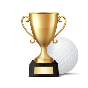 Vector 3D Realistic Yellow Golden Champion Cup and Golf Ball Set. Metal Trophy Stockillustratie