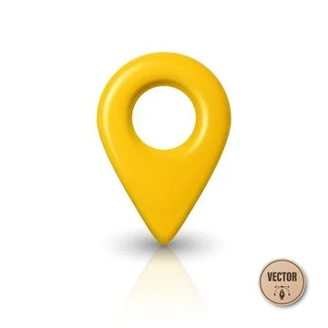 Vector 3d Realistic Yellow Map Pin Location Marker Icon for Navigation, GPS Stock Illustration