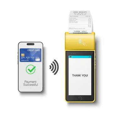 Vector 3d Realistic Yellow NFC Payment Terminal with Smartphone Closeup Stock Illustration