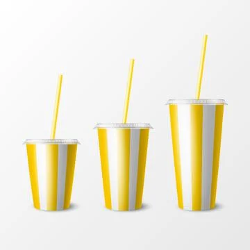 Vector 3d Realistic Yellow Striped Paper Disposable Cup Set, Lid, Straw Stock Illustration