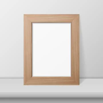 Vector 3d RealisticBrown Wooden Simple Modern Frame on a White Shelf or Table Stock Illustration